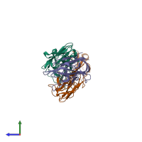Hetero trimeric assembly 2 of PDB entry 4xzu coloured by chemically distinct molecules, side view.