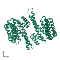 Hetero tetrameric assembly 1 of PDB entry 4y3b coloured by chemically distinct molecules, front view.