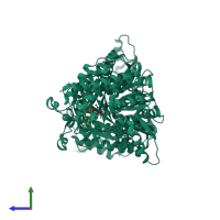 Homo dimeric assembly 1 of PDB entry 4y6s coloured by chemically distinct molecules, side view.