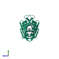 Homo dimeric assembly 2 of PDB entry 4yfq coloured by chemically distinct molecules, side view.