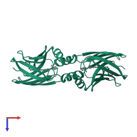 Homo dimeric assembly 2 of PDB entry 4yfq coloured by chemically distinct molecules, top view.