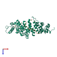 Hetero dimeric assembly 2 of PDB entry 4yjl coloured by chemically distinct molecules, top view.