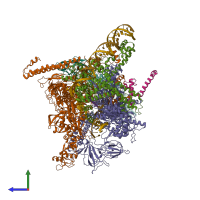 Hetero nonameric assembly 2 of PDB entry 4yln coloured by chemically distinct molecules, side view.
