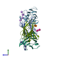 PDB entry 4ym0 coloured by chain, side view.