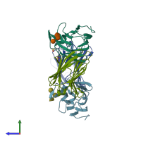 PDB entry 4ym1 coloured by chain, side view.