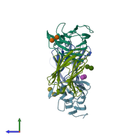 PDB entry 4ym3 coloured by chain, side view.