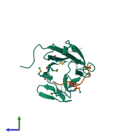 PDB entry 4ym4 coloured by chain, side view.