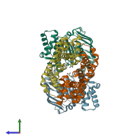 PDB entry 4ymw coloured by chain, side view.