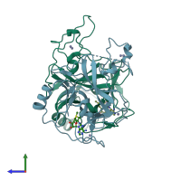 PDB entry 4ynm coloured by chain, side view.