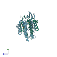 PDB entry 4yqf coloured by chain, side view.