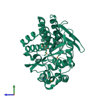 PDB entry 4ywf coloured by chain, side view.