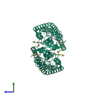 Homo dimeric assembly 1 of PDB entry 4yzi coloured by chemically distinct molecules, side view.