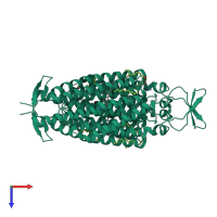 Homo dimeric assembly 1 of PDB entry 4yzi coloured by chemically distinct molecules, top view.