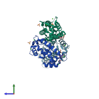 PDB entry 4zcu coloured by chain, side view.