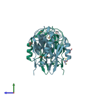 PDB entry 4zd4 coloured by chain, side view.