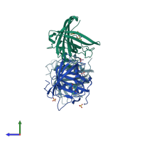 PDB entry 4zhc coloured by chain, side view.