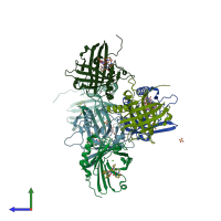 PDB entry 4zhg coloured by chain, side view.