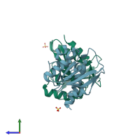 PDB entry 4zhu coloured by chain, side view.
