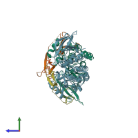 PDB entry 4zjv coloured by chain, side view.