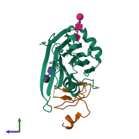 PDB entry 4zkb coloured by chain, side view.