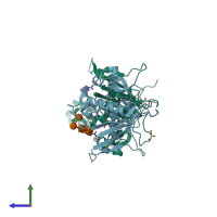 PDB entry 4zlp coloured by chain, side view.