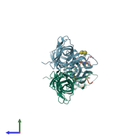 PDB entry 4znq coloured by chain, side view.