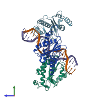 PDB entry 4zq9 coloured by chain, side view.