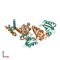 Hetero dimeric assembly 2 of PDB entry 4zqd coloured by chemically distinct molecules, front view.