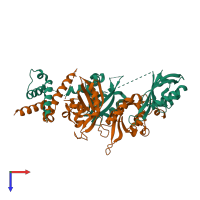Hetero dimeric assembly 2 of PDB entry 4zqd coloured by chemically distinct molecules, top view.