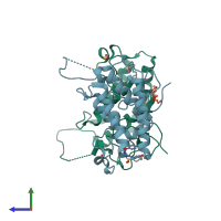 PDB entry 4zql coloured by chain, side view.