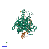 PDB entry 4zrl coloured by chain, side view.