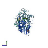 PDB entry 4zrv coloured by chain, side view.
