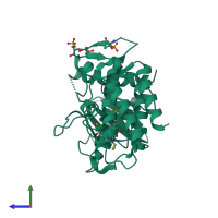 Monomeric assembly 1 of PDB entry 4ztm coloured by chemically distinct molecules, side view.