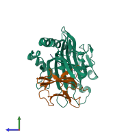 PDB entry 4zus coloured by chain, side view.