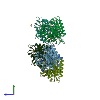 PDB entry 4zv9 coloured by chain, side view.