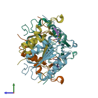 PDB entry 4zvr coloured by chain, side view.