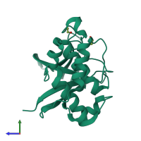 Monomeric assembly 1 of PDB entry 5a0d coloured by chemically distinct molecules, side view.