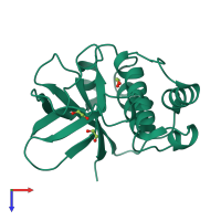 Monomeric assembly 2 of PDB entry 5a0d coloured by chemically distinct molecules, top view.