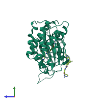 Monomeric assembly 1 of PDB entry 5a14 coloured by chemically distinct molecules, side view.