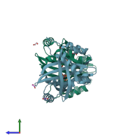 PDB entry 5a66 coloured by chain, side view.
