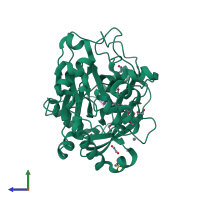 Monomeric assembly 1 of PDB entry 5a80 coloured by chemically distinct molecules, side view.