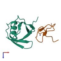 Hetero dimeric assembly 3 of PDB entry 5af6 coloured by chemically distinct molecules, top view.