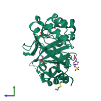 PDB entry 5ahe coloured by chain, side view.