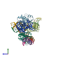 PDB entry 5akn coloured by chain, side view.