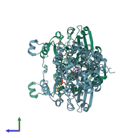 PDB entry 5axc coloured by chain, side view.