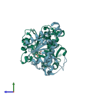 PDB entry 5b19 coloured by chain, side view.