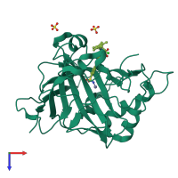 PDB entry 5bru coloured by chain, top view.