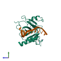 PDB entry 5bua coloured by chain, side view.