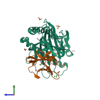 PDB entry 5c0i coloured by chain, side view.