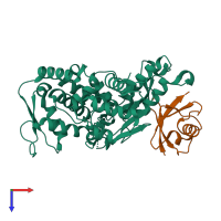 Hetero dimeric assembly 1 of PDB entry 5c7m coloured by chemically distinct molecules, top view.